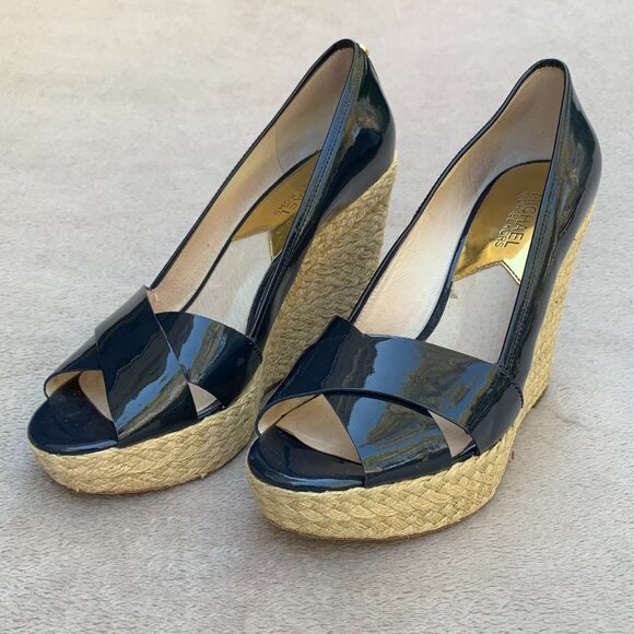 MICHAEL Michael Kors Navy Blue Leather Patent Espadrille Wedges Sz8 - Picture 3 of 16